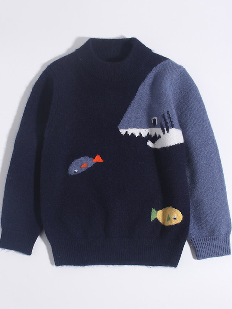 (image for) Boys Navy Blue Shark & Fish Pattern Cashmere Sweater